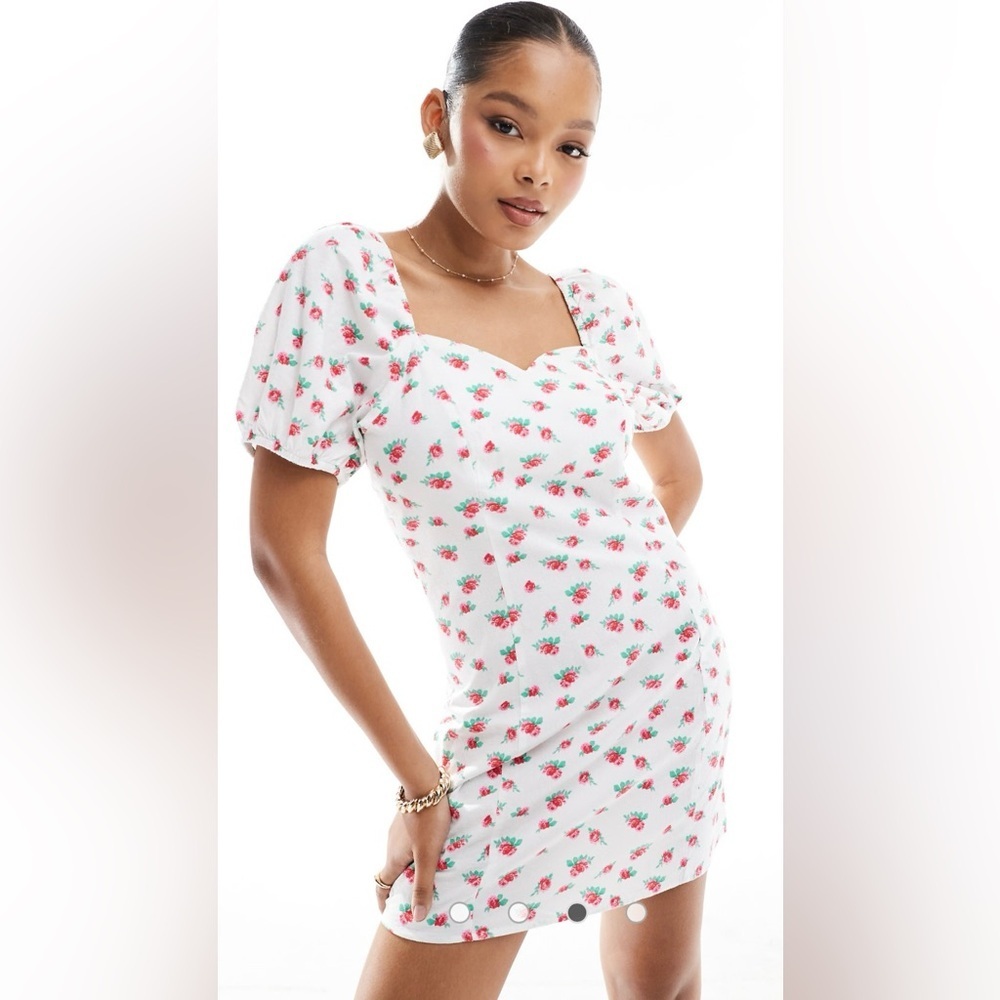 Vero Moda ASOS Floral Puff Sleeve Mini Dress with Sweetheart Neck- Size XS